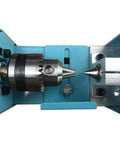 Slick Compact Mini Wood Lathe Machine With Multi Purpose Turning And Milling Kit For Polishing Grinding And Cutting 24V DC 96 Watt 7 Speeds Right Out The Box Ready close-up of the lathe chuck and live center.