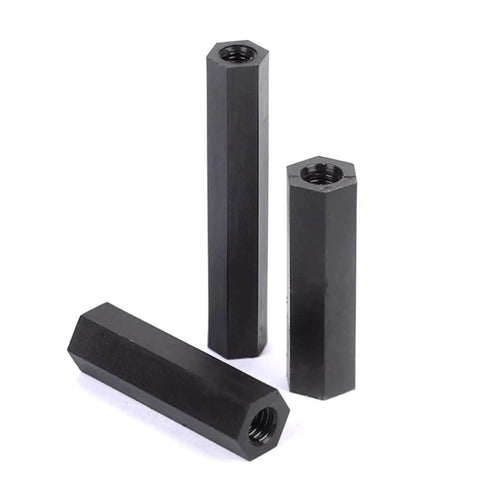 Three M3 Nylon Hex Standoffs Female To Female Threaded Electrical Spacers in black for PCB mounting and insulation.