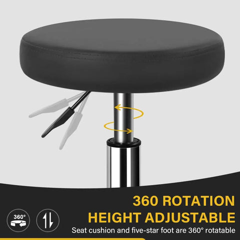 Round Rolling Stool With Footrest In PU Leather, Height Adjustable 360 Degree Swivel Office Chair On Wheels, seat and lever detail