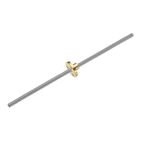 Two Pack T5 Lead Screw Brass Nut Hardware For 3D Printer Z Axis Mod With Precision Acme Threading And 1MM Pitch showing lead screw with brass nut.