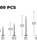 Pocket Hole Screws Assortment Kit 400 Pcs In Four Sizes For Indoor DIY Projects with size measurements shown