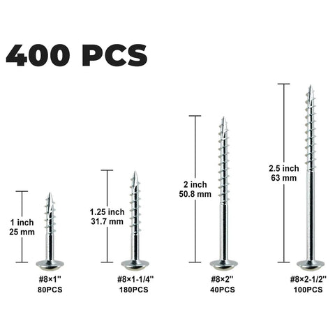Pocket Hole Screws Assortment Kit 400 Pcs In Four Sizes For Indoor DIY Projects with size measurements shown