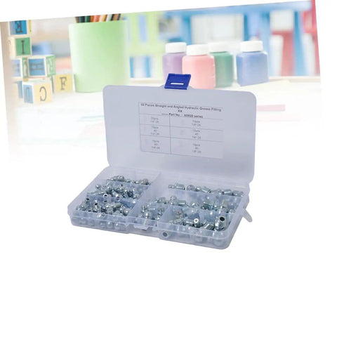 80 Piece Grease Fitting Assortment Kit with angled and straight nozzles in open box for easy lubrication in automotive and machinery