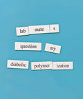Word Magnet Kit For Science Nerds And Pros with lab humor phrases on a blue background