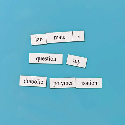 Word Magnet Kit For Science Nerds And Pros with lab humor phrases on a blue background