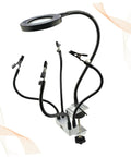 LED Magnifying Glass Table Lamp With Adjustable Brightness And Color Temperature For DIY Pro Grade Crafts Jewelry Making Welding Repair And Reading Hands Free Workbench Magnifier Light with clamp base and flexible arms.