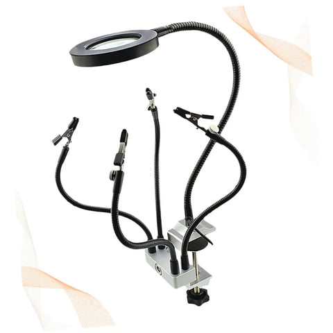 LED Magnifying Glass Table Lamp With Adjustable Brightness And Color Temperature For DIY Pro Grade Crafts Jewelry Making Welding Repair And Reading Hands Free Workbench Magnifier Light with clamp base and flexible arms.