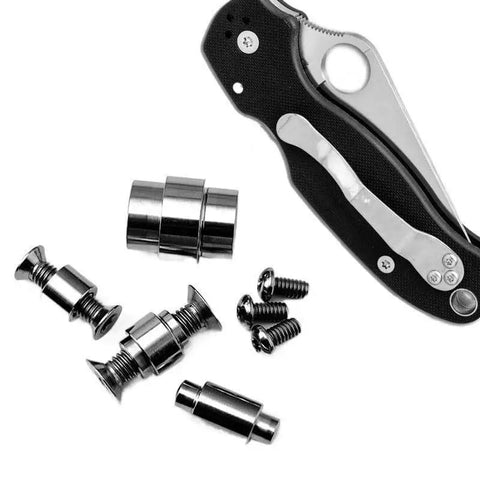 Heavy Duty Titanium Handle Screws For Para3 And Knives CNC Precision Shank Bolts In Glossy Blue Finish next to various screws and knife.