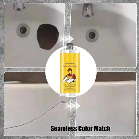Fast Dry Tile Repair Glue Kit For DIYers All In One Tile Repair Set For Granite Marble Porcelain And Countertops Instantly Fix Chips And Cracks With A Seamless Invisible Finish Includes 3 Set No Mess Cleanup, showing a repaired sink before and after with glue bottle.