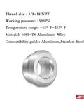 Heavy Duty Aluminum Weld On Bung Fitting With Three Eighth Npt Female Threads Slick Stepped Design, 6061-T6 material.