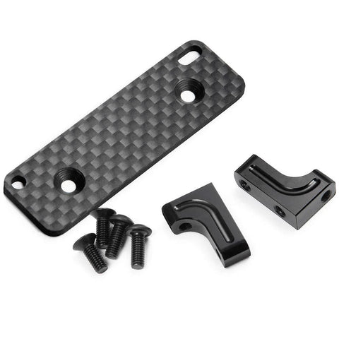 Aluminum alloy RC servo mount plate with carbon-fiber finish; includes two black brackets and screws for 1/10 Axial Wraith RR10 crawler