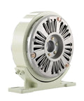 Magnetic powder brake with base, front view of light-green housing with circular vented metal face.