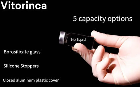 3ml Sterile Glass Vials Pack of Ten With Self Healing Injection Port and Flip Top Cap for Sterile Prep and Lab Work Sealed Package for Precise Sample Handling in Lab, one vial in hand