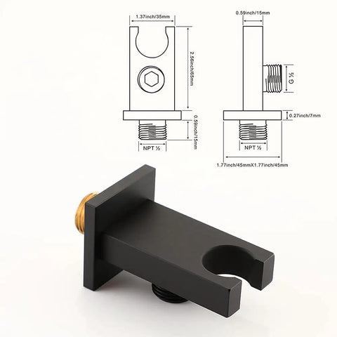 Solid Brass High Pressure Handheld Shower With Square Sprayer Head Anti Clogging Silicone Jets Sleek Matte Black Finish Built To Last Fixed Elbow Wall Connector Shower Holder And Hose Set with dimensions