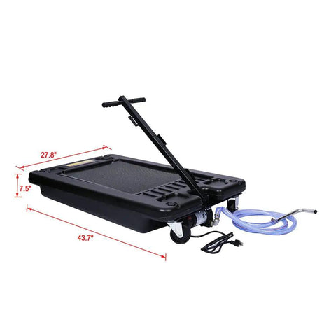 Heavy Duty 17 Gallon Electric Oil Drain Cart With Powerful 110V Pump System And Swivel Casters Plus 7 Ft Hose, side view showing dimensions.