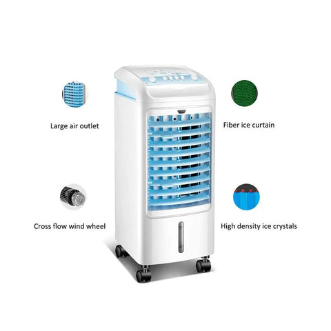 Compact Evaporative Air Cooler And Integrated Humidifier With Three Wind Modes For Home Office Or Bedroom Quiet Portable Swamp Cooler showcasing large air outlet, fiber ice curtain, and high density ice crystals.