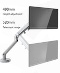 Rock Solid Dual Monitor Arms For 17 To 32 Inch Screens With Mechanical Spring Tension and Smooth Glide Aluminum Stand showing height adjustment and telescopic range.