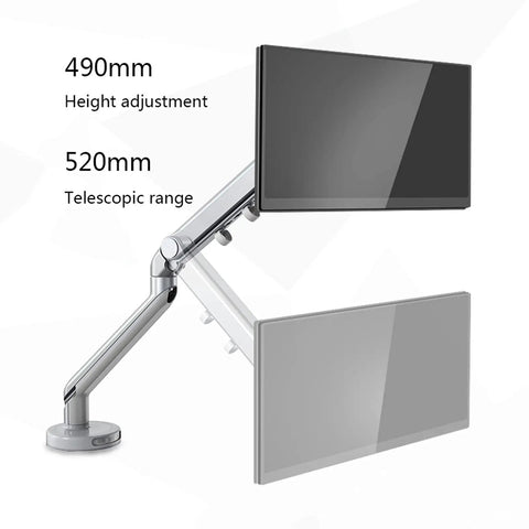 Rock Solid Dual Monitor Arms For 17 To 32 Inch Screens With Mechanical Spring Tension and Smooth Glide Aluminum Stand showing height adjustment and telescopic range.