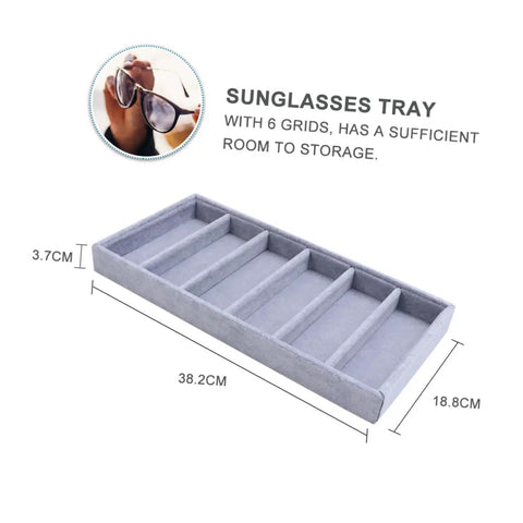 Clean Setup Six Slot Black Sunglasses Display Holder And Jewelry Organizer Box With Solid Build And Scratch Free Tray for six glasses.