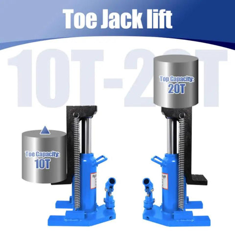 Heavy Duty Alloy Steel Hydraulic Toe Jack With Dual Point 20 Ton Top Lift And 10 Ton Edge Catch, showing capacities.