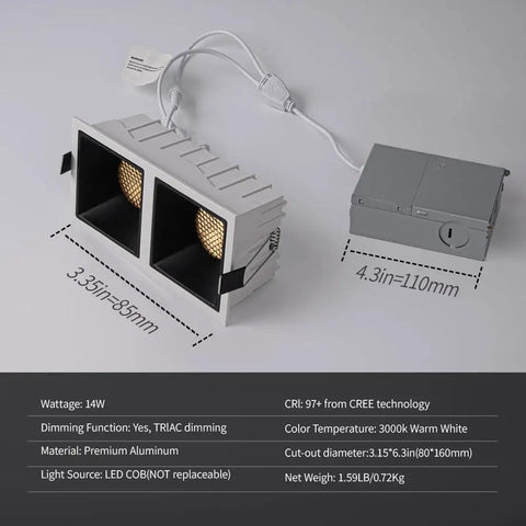 Dimmable 2-Head LED Recessed Spotlight Kit With Cree COB, aluminum housing, shown with dimensions and wiring details.