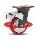 Hard As Nails Heavy Duty 8 Inch Industrial Caster Wheels With Red Swivel Polyurethane Treads And Solid Iron Core For Rough Work And 1760 Pound Capacity Without Floor Scuffs, close-up view.