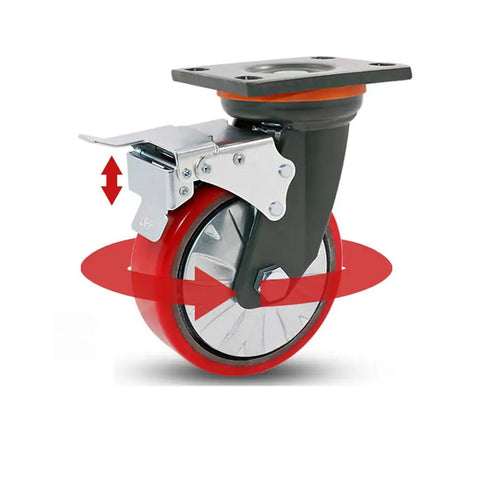 Hard As Nails Heavy Duty 8 Inch Industrial Caster Wheels With Red Swivel Polyurethane Treads And Solid Iron Core For Rough Work And 1760 Pound Capacity Without Floor Scuffs, close-up view.