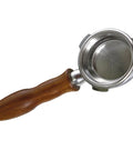 58 Millimeter Bottomless Stainless Steel Filter Holder With Wooden Handle For Home Espresso Machines, Detachable Design, Rust Resistant, Easy To Install, Durable Portafilter Accessory For Rich, Balanced Espresso bottomless portafilter with wooden handle, angled view