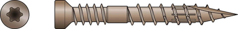 Top Shelf Low Profile Finish Trim Screws For Fast Carpenter Jobs Without The Protruding Head Hassle Sawtooth Shank Drives Smoothly With T10 Bits Corrosion Shield Coating Light Brown Wood Fasteners In Bulk 500 Qty Box, showing a tan countersunk screw with underhead grooves.