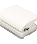 White handheld 3 Hole Puncher for loose leaf A7 A4 paper, showing metal body and compact design with locating columns and scales