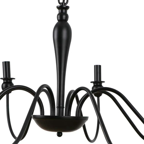 Close-up of rustic iron candelabra detailing on Dope Industrial Black Farmhouse Chandelier For Dining Room With 8 Lights.