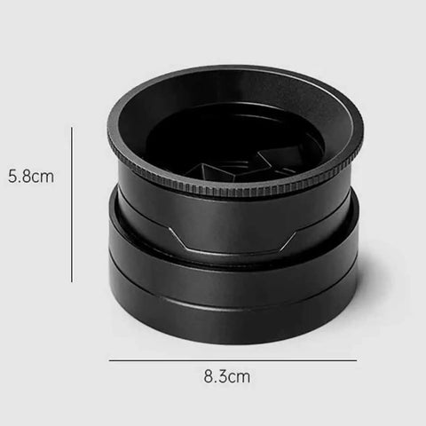 58mm Rotary Espresso WDT Tool Kit With Stainless Steel Powder Distributor and Clump Busting Stirrer, black color, 5.8cm height, 8.3cm diameter.