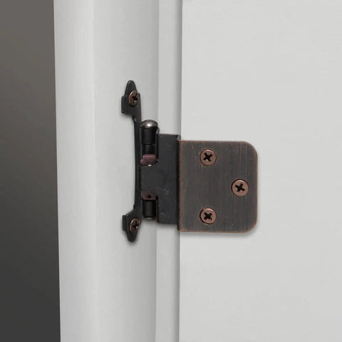 3/8 Inch Kitchen Inset Cabinet Door Hinge Self Closing Oil Rubbed Bronze Includes Mounting Screws installed on white cabinet