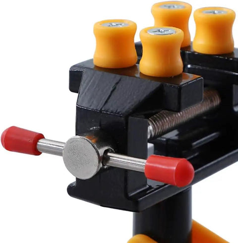 Portable Aluminum Alloy Drill Press Vise With Suction Base, Table Bench Clamp For Jewelry Making And Hobby Crafts, Small Parts Holding, Mini Workbench Vise For Workshop, Lightweight Yet Rugged And Easy Mount, front clamp view