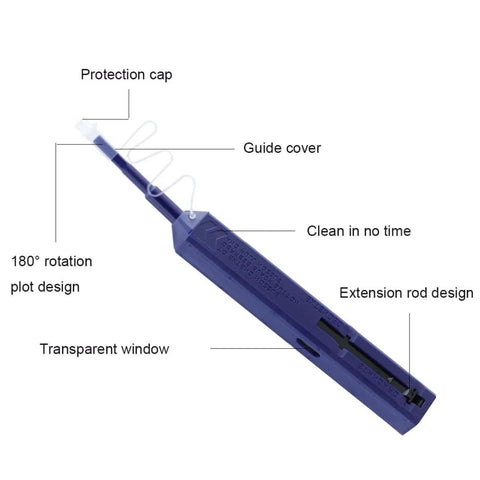 Mexture LC fiber cleaner pen, blue plastic with transparent window and 180° rotation design (side view).