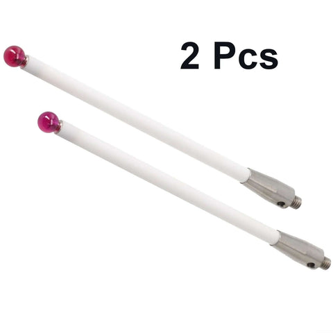 Two white ceramic-stem touch probe styluses, 100 mm long with pink ball tips