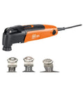 Pro Grade Oscillating Multi Tool With StarlockPlus Mounting And QuickIN Tool Free Accessory Change 250W displayed with three blades