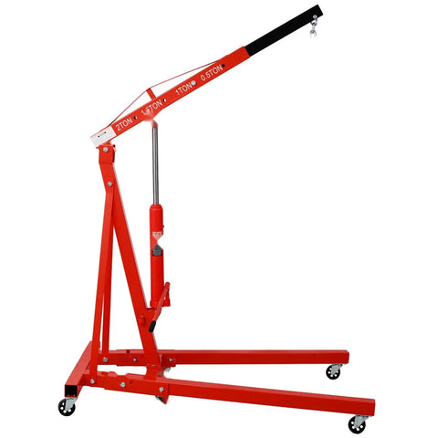 Heavy Duty Two Ton Folding Engine Hoist And Cherry Picker Shop Crane, red steel unit for lifting heavy engines in garages.