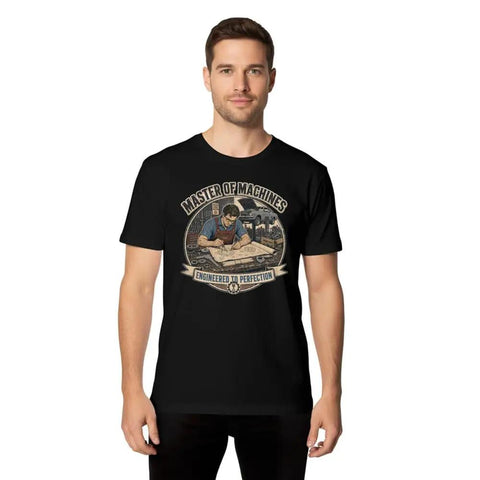Rad Vintage Engineer T-Shirt With Blueprint Garage Design For Real Mechanics And Fabrication Geeks Who Love Drawing Sketches And Building Cool Stuff In The Shop Or At Home, black color, worn by a man.
