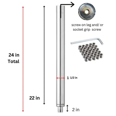 24 Inch Fully Stainless Steel Table Legs With Bullet Feet Set Of Four Heavy Duty Adjustable Leveling Feet Corrosion Resistant Support For Heavy Loads And High Traffic Areas diagram with measurements and components.