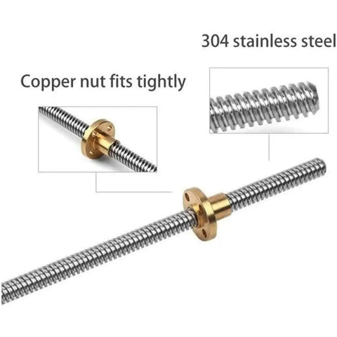 T12 Threaded Trapezoidal Lead Screw 12mm Diameter, 4mm Lead And 2mm Pitch, Stainless Steel With Copper Nut For 3D Printers And Linear Motion Tables, Lengths From 100mm To 1000mm, Durable DIY Motor Screw, stainless steel lead screw with copper nut