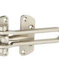 Heavy Duty Door Security Guard Latch With Satin Nickel Die Cast Construction for interior and exterior wood and metal doors easy inside unlock reinforces entry prevents forced entry while allowing safe ventilation, shown in satin nickel finish.