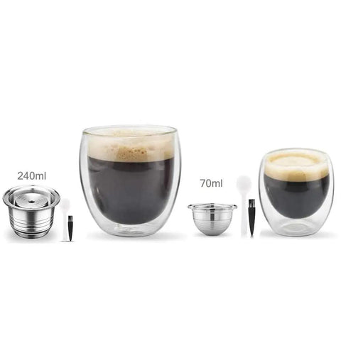 Reusable Stainless Steel Coffee Capsule Filter And Pod Holder For VertuoLine GCA1 Plus And Vertuo Plus Series Save Cash On Every Brew Compatible With ENV 135 150 Eco Friendly Brew 240ml Capacity With Cleaning Brush Included. Shown with two sizes, 240ml and 70ml, next to double-walled glass cups with coffee.
