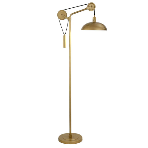 Solid Wheel Pulley Floor Lamp With Brass Dome Shade And Industrial Steel Base, showcasing 8-foot cord, E26 bulb compatible