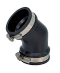 Qwik Ell 2 Inch Hub 45 Degree Flexible PVC DWV Elbow Fitting Connector for Drain Waste Vent Repair and Renovation, Heavy Duty, DIY Friendly Install, Reusable Plumbing Solution for Tight Spaces black 45-degree elbow with stainless bands