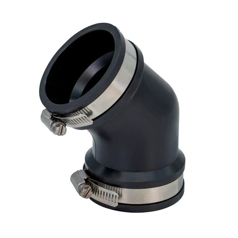 Qwik Ell 2 Inch Hub 45 Degree Flexible PVC DWV Elbow Fitting Connector for Drain Waste Vent Repair and Renovation, Heavy Duty, DIY Friendly Install, Reusable Plumbing Solution for Tight Spaces black 45-degree elbow with stainless bands