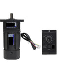 Heavy Duty 90 Watt Single Phase AC Gearmotor With US 52 Speed Controller And Reduction Box 110v 220v Variable Drive 0 To 450 Rpm, black motor and speed control.