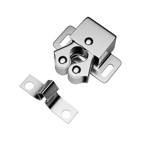 20 Pcs Metal Cabinet Latch For Wardrobe Door With Easy Install Spring Catch To Keep Kitchen Cupboards And Storage Units Locked Tight Secure And Stylishly, showing a shiny metal latch with a spring mechanism.