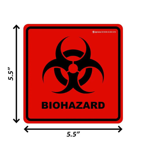 Heavy Duty Biohazard Stickers 5.5 X 5.5 Inch Labels Pack Of 10 No Nonsense Warning Decals on a red background.