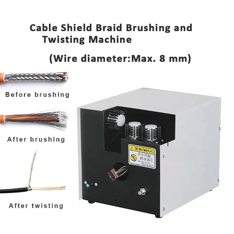 Heavy Duty Wire Twisting Machine With Adjustable Three Brush System For Precise Cable Shield Brushing Peeling And Cutting Versatile Automatic Tool Fits Multiple Wire Types Perfect For Electricians - side view showing operation and results.